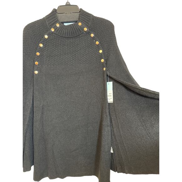 NWT Blue Sol Medium Black Cape Sweater Poncho With Gold Accent Buttons - Picture 3 of 7